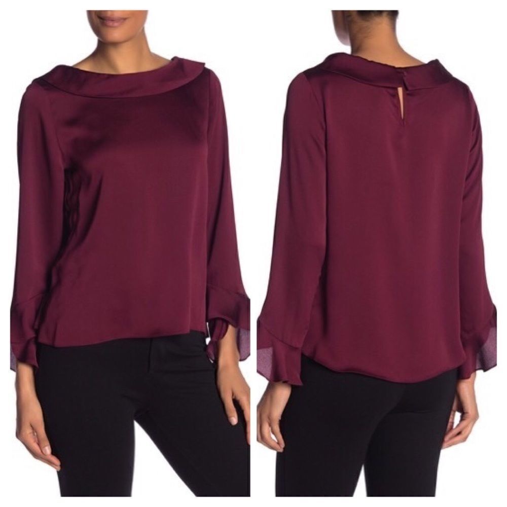 Vince Camuto Flutter Cuff Hammered Satin Blouse Sz XS
